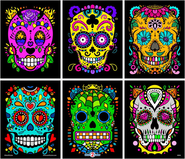 Stuff2Color Sugar Skulls Fuzzy Velvet Halloween Coloring Posters, 6 Pack for Day of The Dead Activity