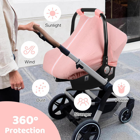 Elstey Muslin Baby Car Seat Cover, Breathable Canopy with Zipper Opening, Universal Fit for Infant Stroller