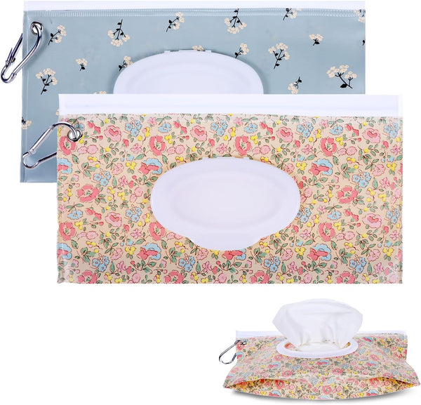 JIYIN 2 Pack Baby Wipe Container with Hook, Portable Refillable Wipe Holder Floral