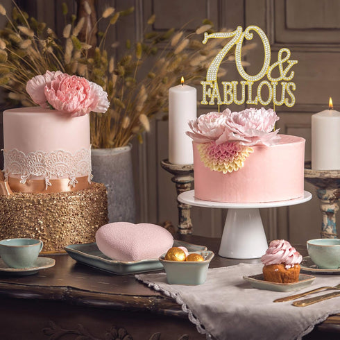 Premium Gold Metal 70 Cake Topper - 70 and Fabulous - 70th Birthday Party Sparkly Rhinestone Decoration, Set in Box
