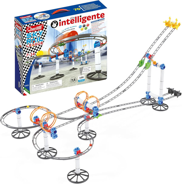 Quercetti Skyrail League Marble Run, 166 Piece Set, Build Parallel Tracks with Loops and Jumps, for Kids Ages 7 Years