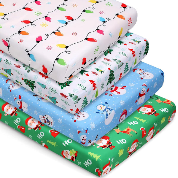 VitalCozy 4 Pcs Christmas Crib Sheets Santa Claus Snowman Tree Light for