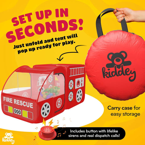 Kiddey Fire Truck Play Tent for Kids - Firetruck Tents with Sirens and Fireman Sound Button for Girls, Boys, & Toddlers
