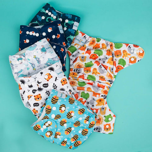 6 Pack 10pcs 6FB12 babygoal Reusable Cloth Diapers with Inserts, One Size Adjustable Washable Pocket Nappy Covers