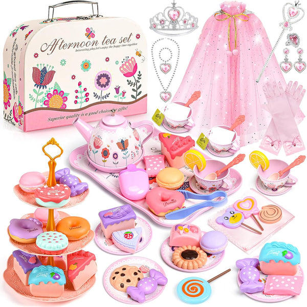 Tea Party Set for Little Girls, 63Pcs Pretend Play Toys, Princess Dress