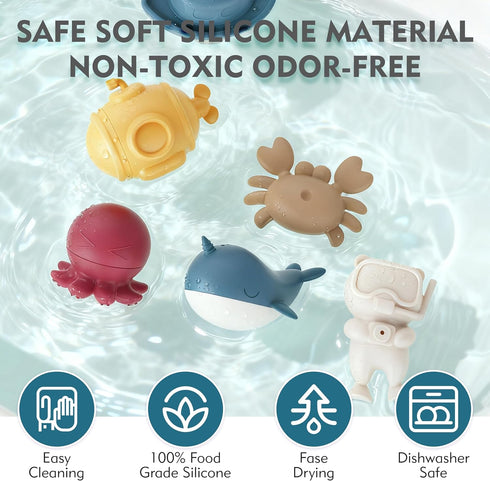 8Pcs Set MarcZero Ocean Silicone Bath Toys for Toddlers Kids Babies,Bathtub Water Toys,Soft Squeezable Easy-Grip Pool