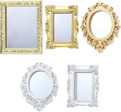 5 Pieces Miniature Dollhouse Mirror - European Frame Victorian Baroque Wall Mirror, Gold and Silver