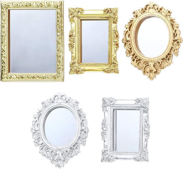 5 Pieces Miniature Dollhouse Mirror - European Frame Victorian Baroque Wall Mirror, Gold and Silver