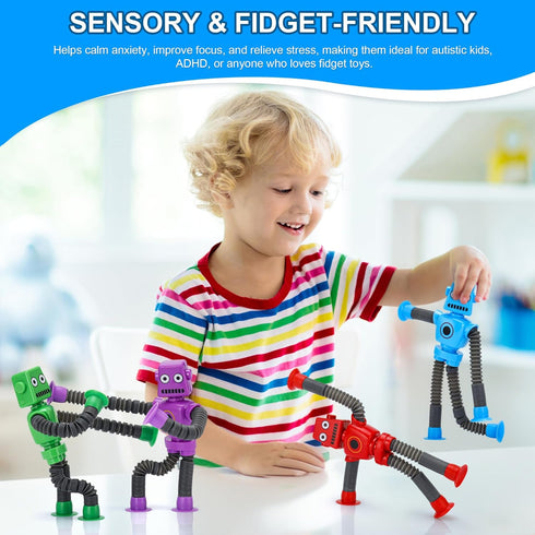 12PCS 3-8, Robot Sensory Pop Tubes Toys for Toddlers Boys Age Suction Cup Stretchy Fidget Toy, Travel Toys, Autism