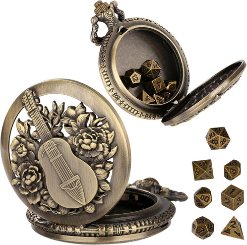 Mini DND Dice Set Steampunk Hollow Bard Pocket Watch Shell Case, 7pcs Tiny Polyhedral Metal Dice