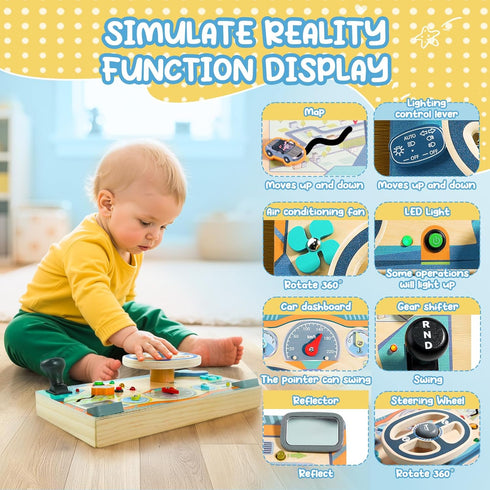 1 2 3 Busy Board Montessori Toys for Year Old, Wooden Toddler Sensory Toy Busy Board with LED Lights Sound Switch