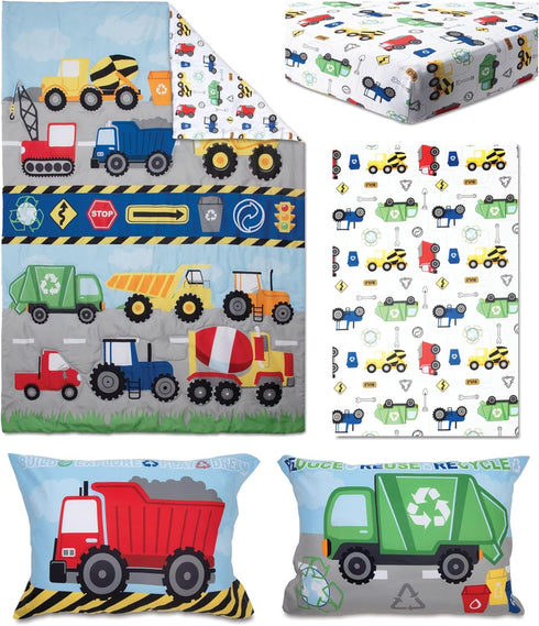 Baby Boom 4 Set, Set Funhouse Construction Area Piece Toddler Bedding Trucks Includes Comforter, Sheet Fitted + Top