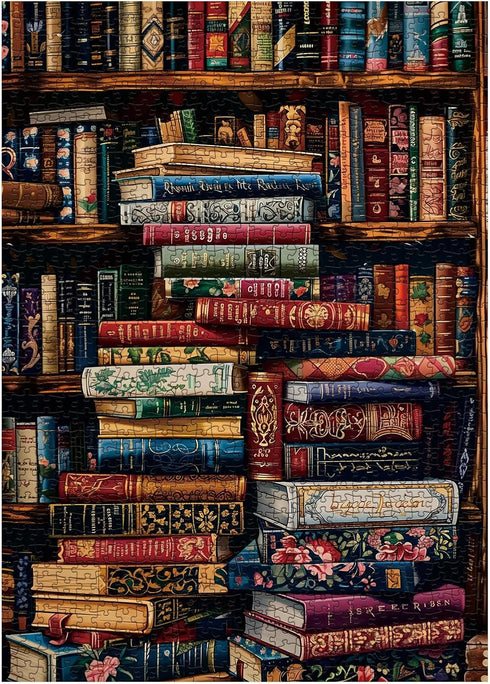 Larkipuzz 1000 Vintage Library Bookshelf Jigsaw Puzzle Piece for Adult, Funny Books Challenging Painting Jigsaw