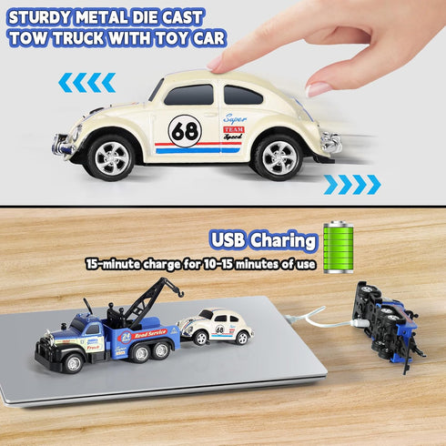 Set 2PCS,City 3-5 4-7 8-12 1:64 haomsj Mini Rc Tow Truck Toy with Mini Metal Car Service Vehicle Remote Control Tow
