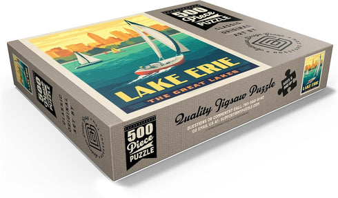 MyPuzzle Great Lakes: Lake Erie, Vintage Poster - Premium 500 Piece Jigsaw Puzzle for Adults