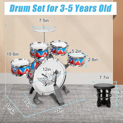 Toddler Drum Set Kids Jazz Kit with Stool, Musical Instruments Toys for Boys Girls Aged 3 4 5 Year Old