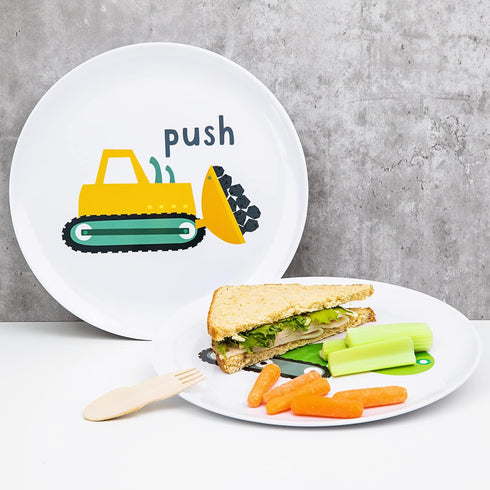 Set 4 Bulldozer, Tiny Expressions - Construction Plates for Toddlers - of Melamine Plates for Kids - Excavator, Cement