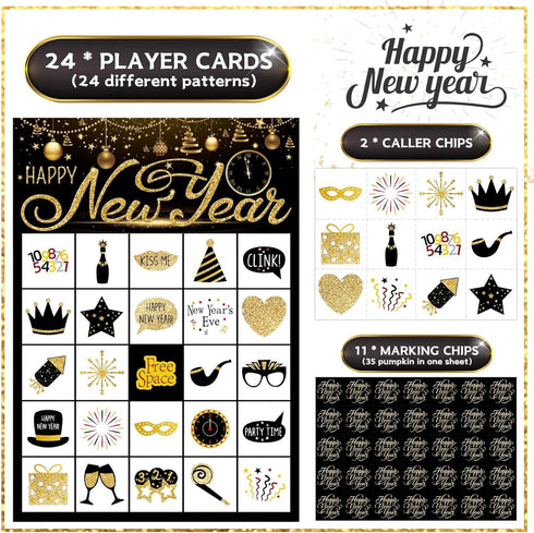 Funnlot New Year Eve Games, 24 Players Bingo Cards for Kids, New Years Party Supplies, Activities for School