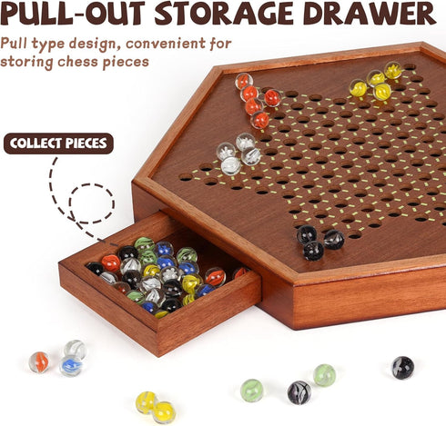 15-Inch Set 72 Wooden Chinese Checkers Board Game Classic Strategy Game with Glass Marbles, Dual-Sided Storage Drawer