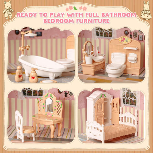 Set 2 3+ TUZT Suitcase Dollhouse Furniture for Kids, Mini Dollhouse Box with Flexible Dolls and Bedroom&Bathroom