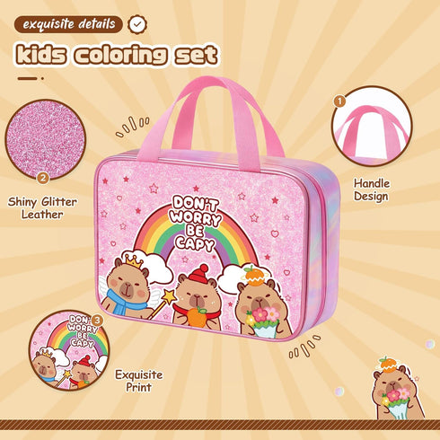 DreamyCandy 73PCS Set 4-6-8,Kids Capybara Washable Markers with Glitter Pencil Case,Art Supplies and Craft for Girls