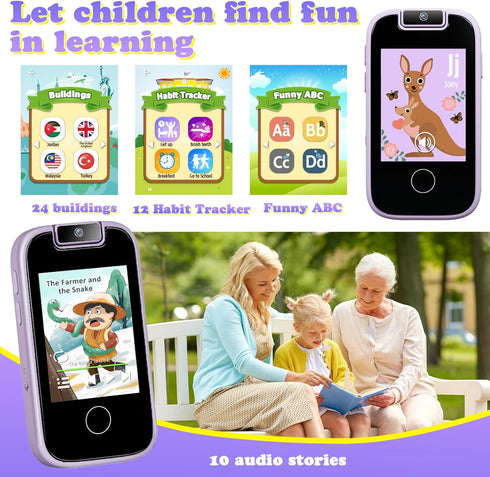 PTHTECHUS Kids Phone Toys for Girls Boys - Toddler Touchscreen MP3 Music Player with Dual Camera