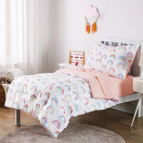 Set 4 Set Wake In Cloud - Rainbow Toddler Bedding for Girls, Cute Colorful Pastel Rainbow with Clouds, Pieces Soft Crib