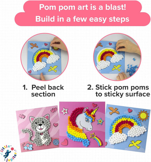 Little Jupiter DIY Pom Pom Art - Makes 3 Art Pieces, Crafts for Kids Age 3-5, Set 2 Unicorn, Rainbow, Cat