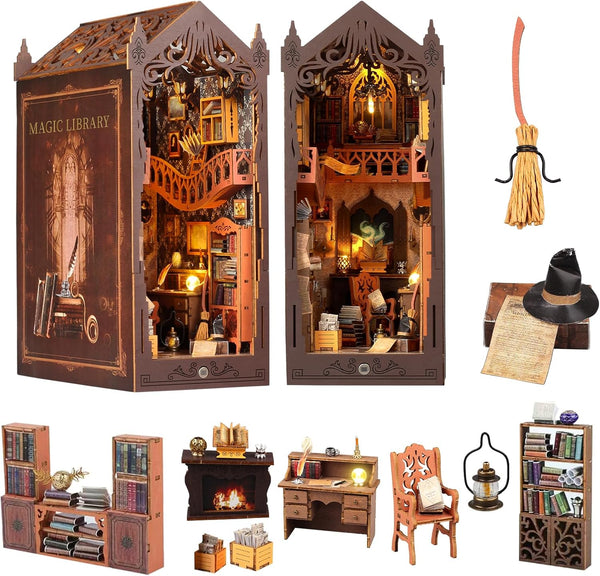 Book Nook Kit,DIY Miniature House Kit,Dollhouse Booknook with Dust Cover & LED