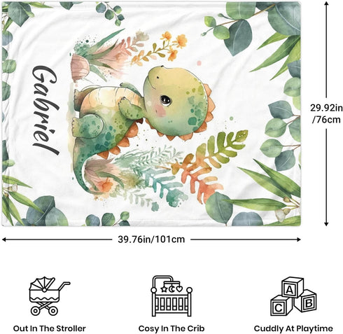 Novusopt 30 40 Personalized Baby Blanket,Custom Dino Blanket Girl Boy-Dinosaur Customized Baby Blanket with Name,Kids