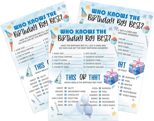 Who Knows The Birthday Boy Best Game, Set of 30 Blue Birthday Party Cards, Birthday Questionnaire Party Ideas