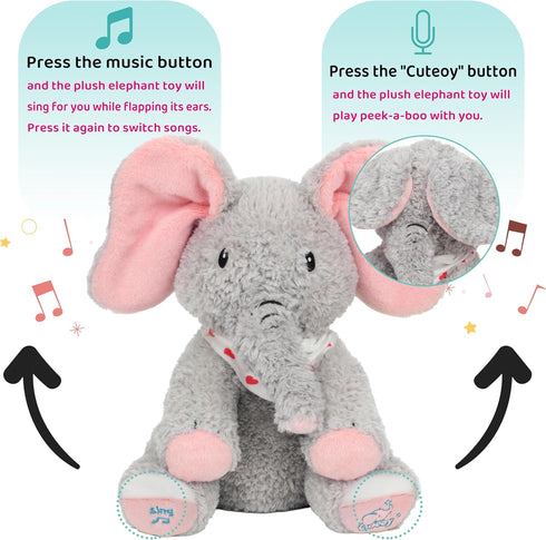 Cuteoy Peek A Boo Elephant Interactive Plush Toy with Moving Ears Musical Singing Talking Stuffed Animal Adorable