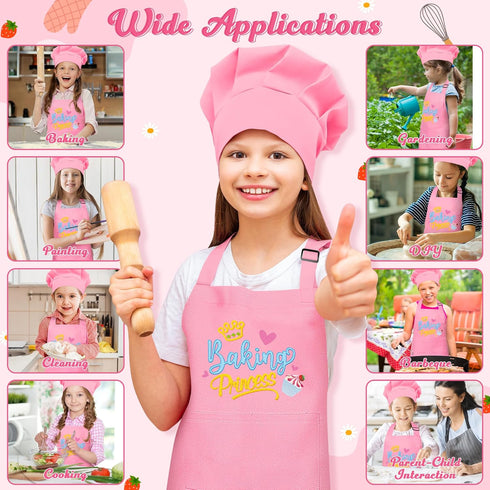 Set 2Pcs R HORSE Kid Apron and Chef Hat - Pink Baking Princess Adjustable Children Kitchen Toddler Apron for Girls