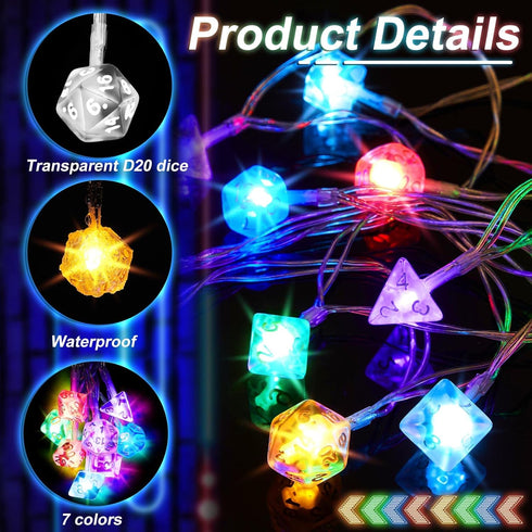 20 Wettarn ft Polyhedral Dice String Lights LED Dice Lights Strands Extendable Glow in the Dark Party Decorations