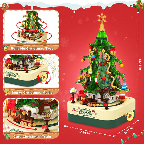 594 Set, Sets, Shemira PCS Christmas Tree Building Block Toy Rotating Christmas Music Box, Toy Building for Kids Boys