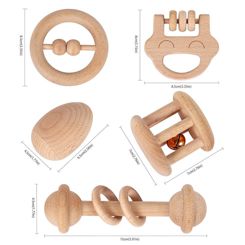 6 TOWO Wooden Rattles Maracas Baby Toys Months-Organic Eco Toys for Infant Grasping Teething Natural Tether Musical