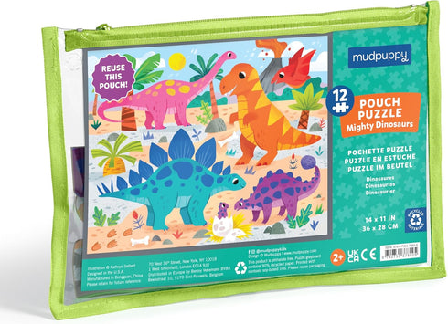 Mudpuppy Mighty Dinosaurs – 12 Piece Puzzle with Reusable Zipper Pouch Featuring Colorful and Fun Illustrations of The Prehistoric World Perfect for Easy Storage and Travel