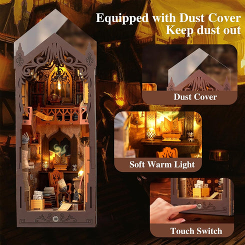 Light,3D Book Nook Kit,DIY Miniature House Kit,Dollhouse Booknook with Dust Cover & LED Wooden Bookends