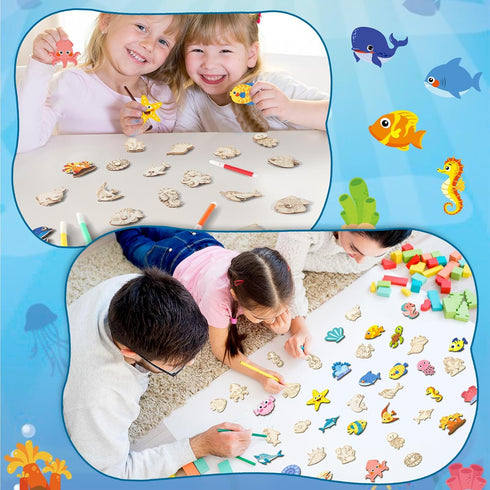 36Pcs 4-8 8-12 gisgfim Wooden Magnet Painting Craft Kit DIY Wooden Ocean Animal Magnets Coloring Arts Crafts for Kids