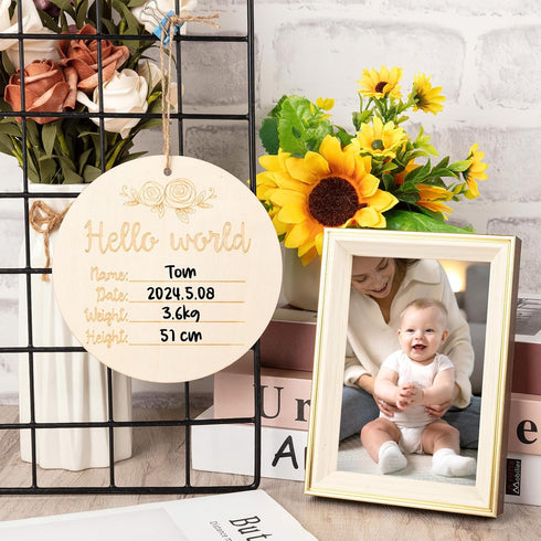 THSLSFX 6 Inch Baby Announcement Sign, Hello World Newborn Sign with Marker Pen and Ink Pad for Baby Shower Hand