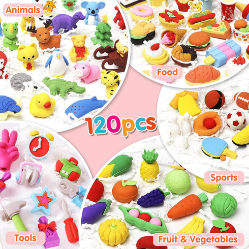 120 Pack Animal Pencil Erasers for Kids - Mini Puzzle Erasers, Treasure Box Toys, Game Prize Party Favors