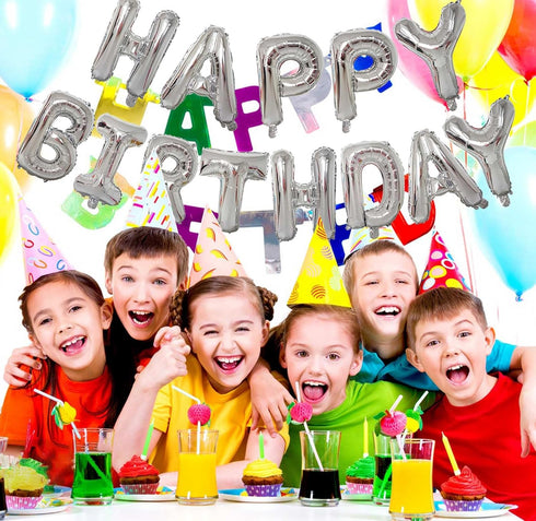 KALOR 16 Inch Silver Happy Birthday Balloons Banner, Mylar Foil Letters Sign, Reusable Party Supplies for Men, Women,