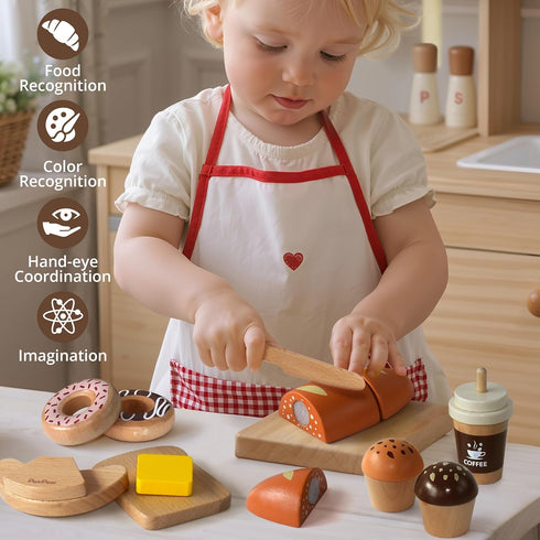 Set, 3+ PairPear Wooden Bakery Play Food Pretend Play Kitchen Accessories with Shopping Bag, Kids Cutting Food Gift