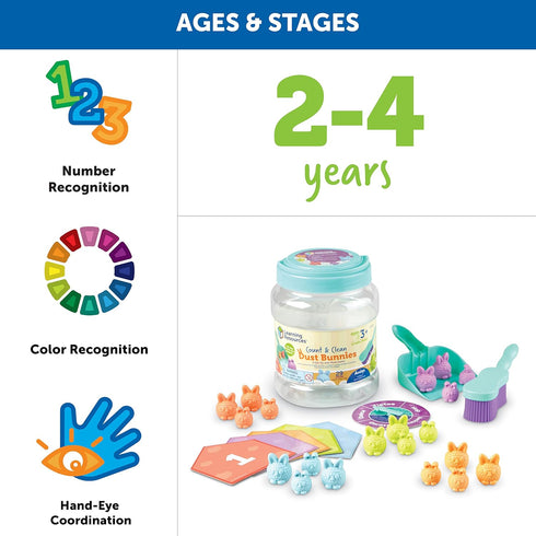 Learning Resources Count & Clean Dust Bunnies - 29 Pieces Educational Toys Set, Age 3+ Toddler Activities, Color
