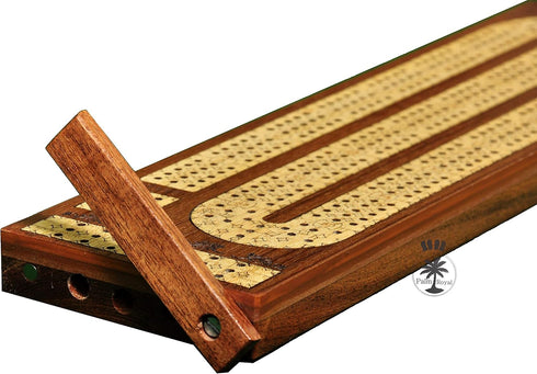 PALM ROYAL HANDICRAFTS 3 Track Wooden Cribbage Board Set, Inlaid Teak and Maple Wood with Metal Pegs Storage
