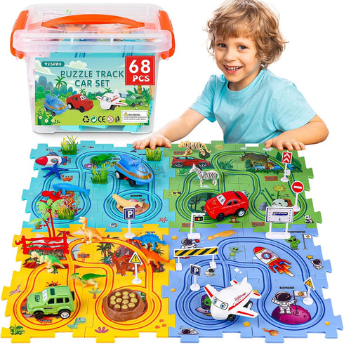 VESPRO 4 Series Toddler Car Track Set, 68PCS Kids Car Track Play Set,