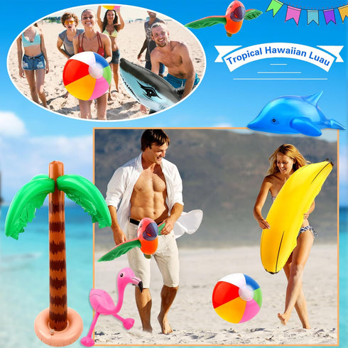 16 Pack Inflatable Palm Flamingo Tree Beach Ball, Giant Tropical Toys for Pool Party Decor