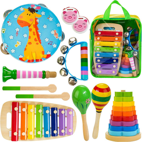 Kids Musical Instruments, Wooden Toys Set for Toddlers Age 2-4 with Xylophone Maracas Tambourine Birthday Gift