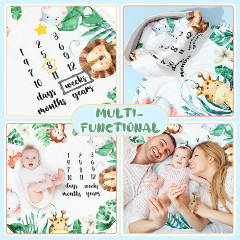 Peryiter Baby Monthly Milestone Blanket, 43.3" x 43.3", Safari Jungle Animals Leaf, Newborn Play Mat with Growth Chart