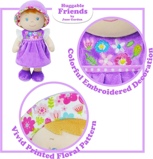 June Garden 12" Soft Dolly Laura - Stuffed Baby Doll Gift for 1-3 Year Old Girls in Purple Dress